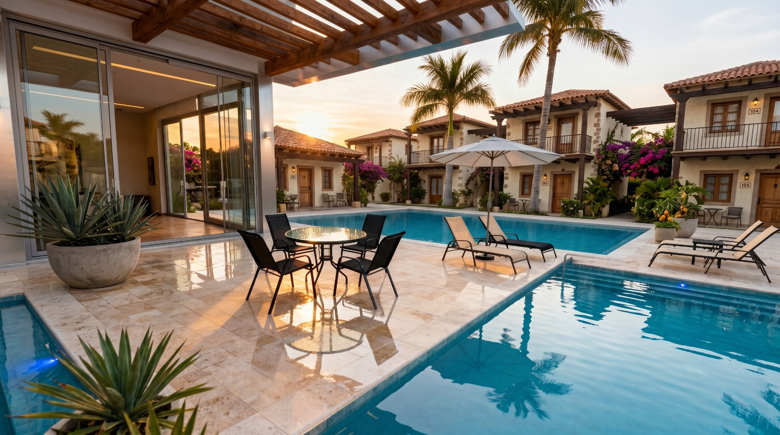 Ambiente de piscina Open Garden ao entardecer