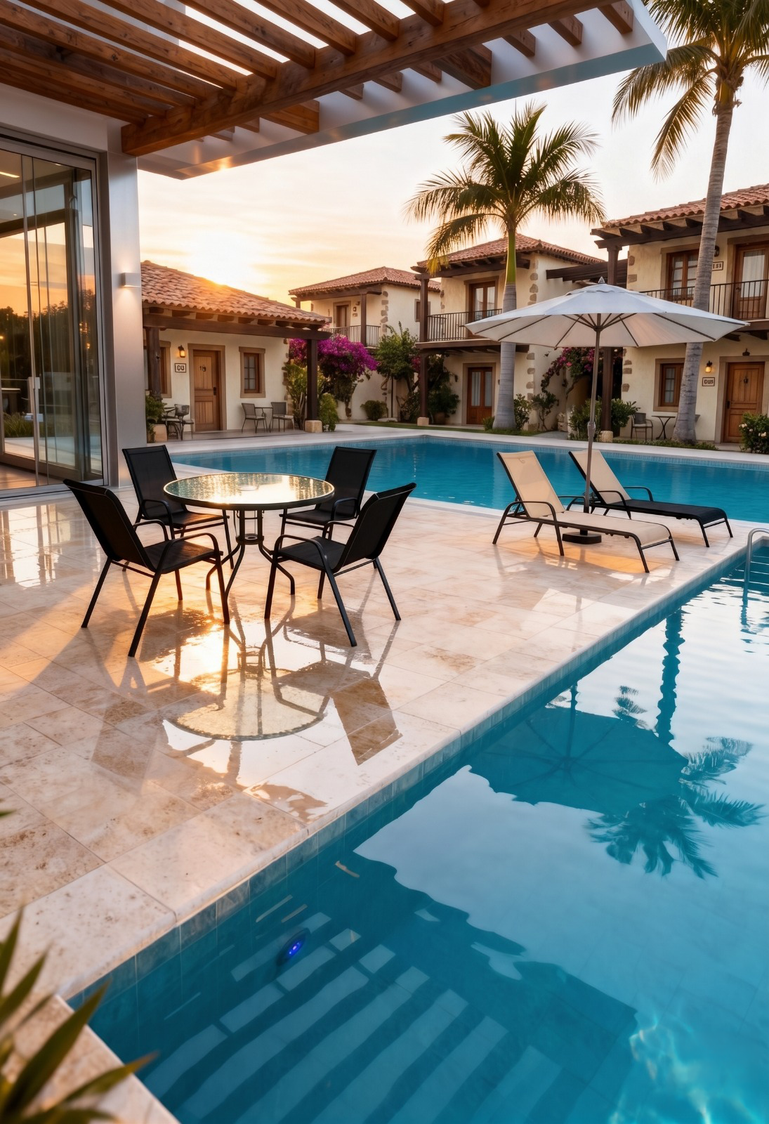 Área de piscina com mesa e cadeiras Open Garden ao entardecer