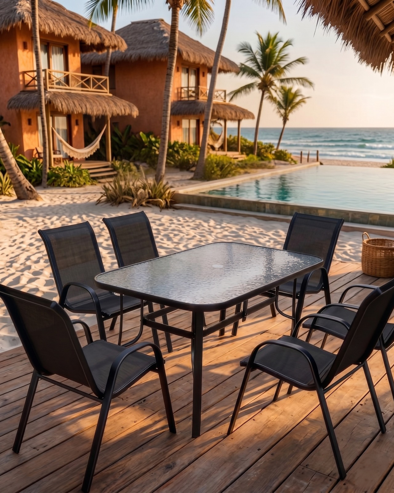 Mesa retangular Open Garden em deck à beira-mar