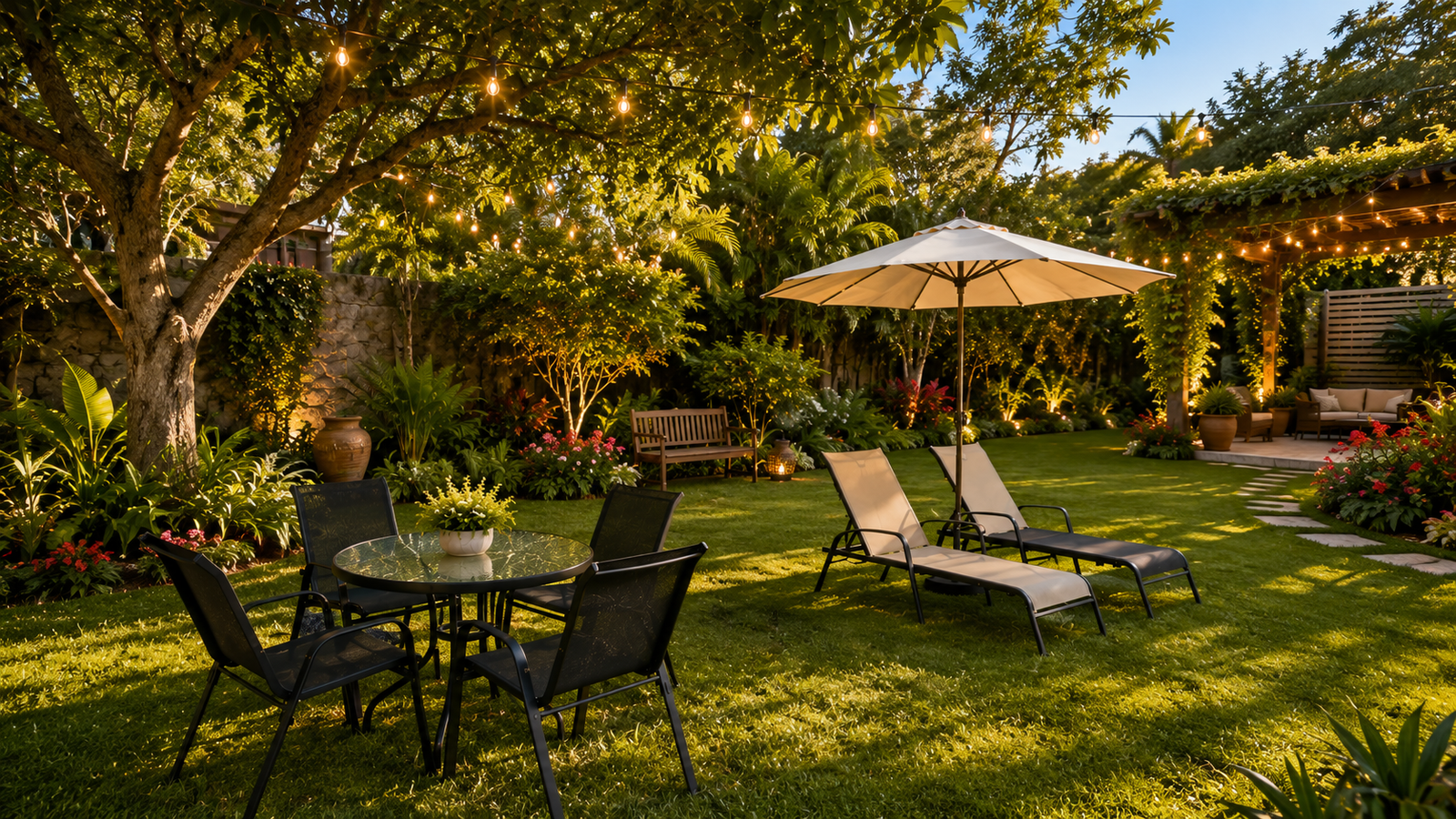 Ambiente de piscina Open Garden ao entardecer